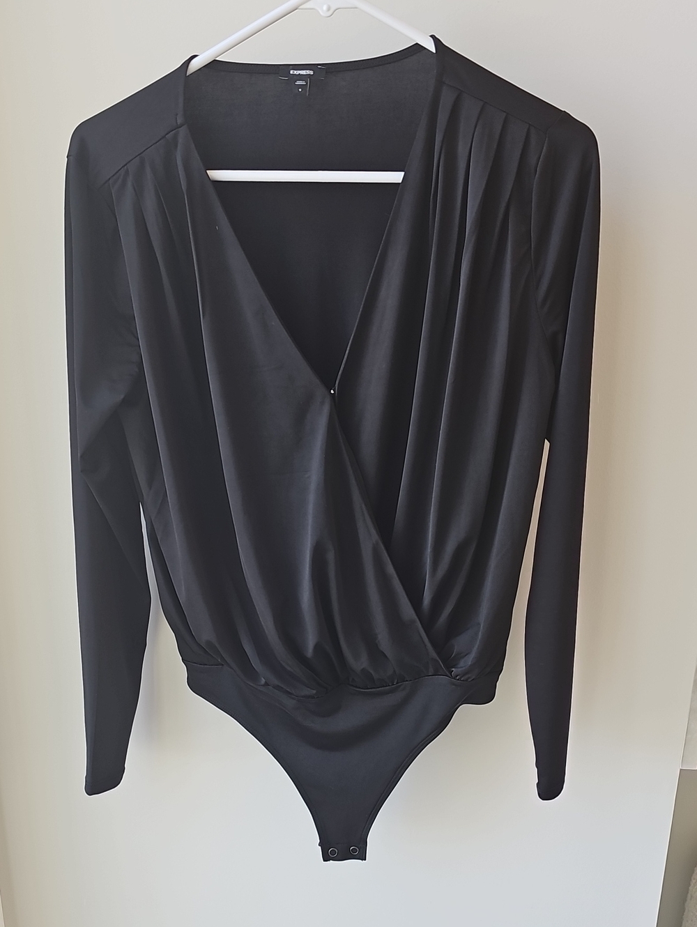 Express Black Draped Surplice Long Sleeve Bodysuit